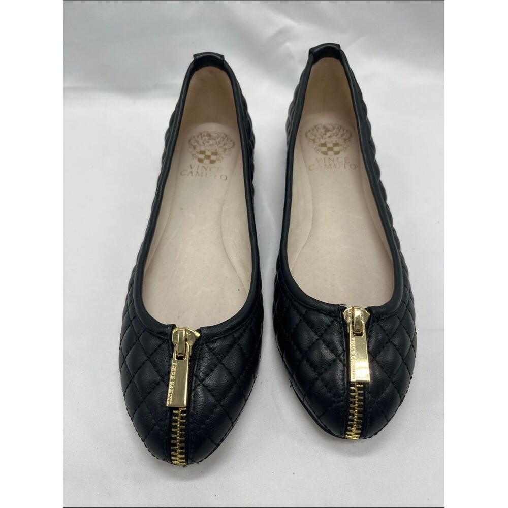 Vince Camuto Bands Black Quilted Leather Ballet Flats with Zipper Detail